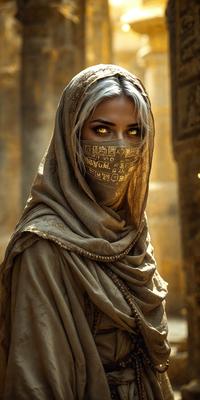 The primary subject of the image is a woman wearing a mask and a long scarf. She is standing in front of a stone wall, which serves as the setting for the scene. The visual style of the image is a photo, capturing the woman's unique appearance and the surrounding environment. The colors in the image are predominantly neutral, with the woman's mask and scarf being the most noticeable elements. The overall atmosphere of the image is mysterious and intriguing, as the woman's mask and scar